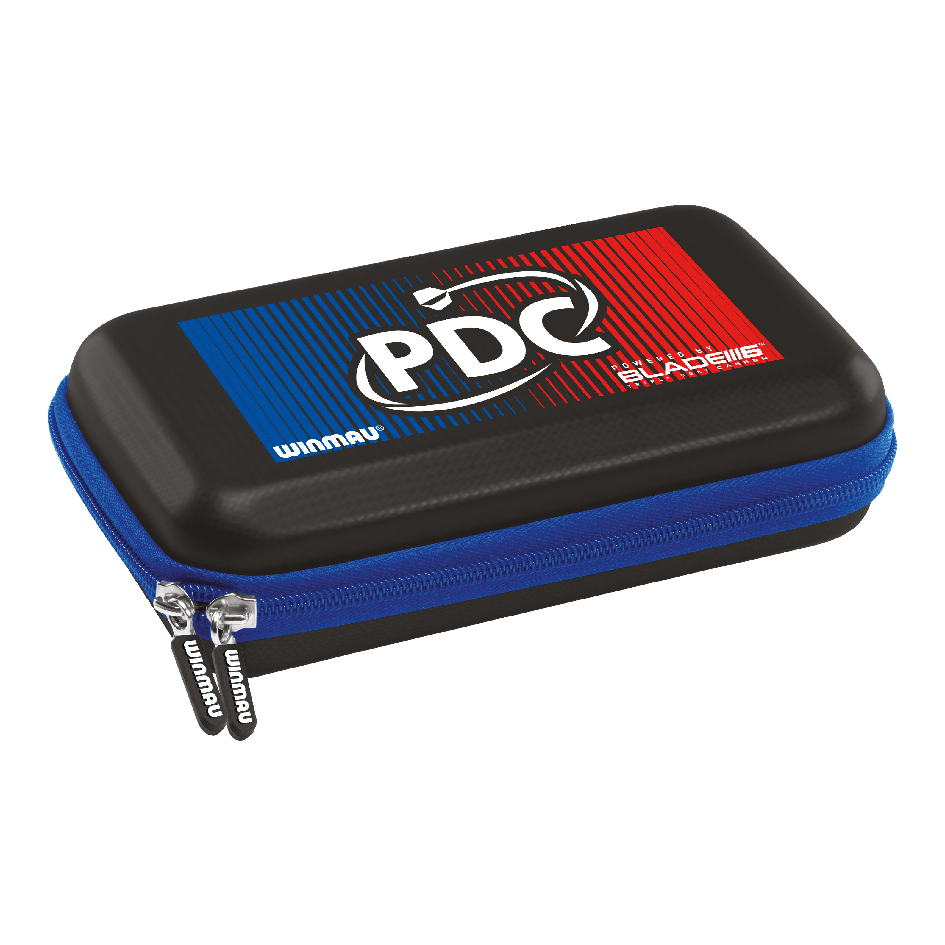 Das Bild zeigt ein Winmau PDC Dartcase mit einem auffälligen blauen und roten Design auf dem Deckel. Das Etui hat einen blauen Reißverschluss und bietet Schutz für Dart-Zubehör.